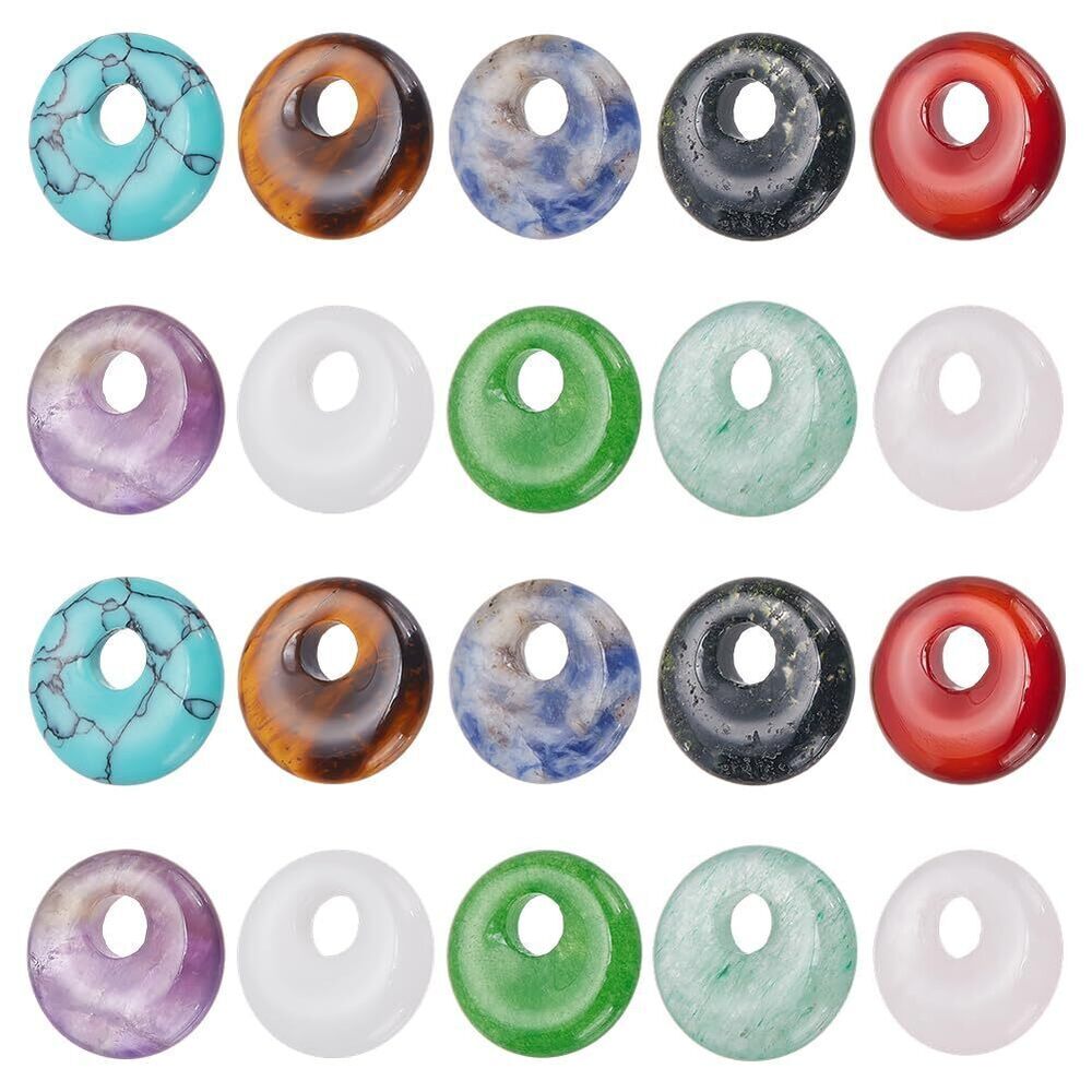6738 20Pcs 10 Styles Natural Donut Gemstone Charms, 14-14.5mm Polished Flat